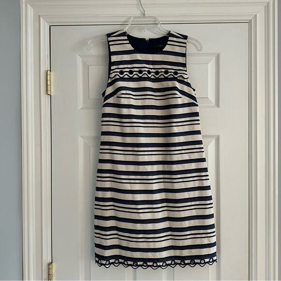 J. Crew Shift Dress E8993 Blue  Striped Scalloped Hem Grommets Size 2 - Picture 9 of 16